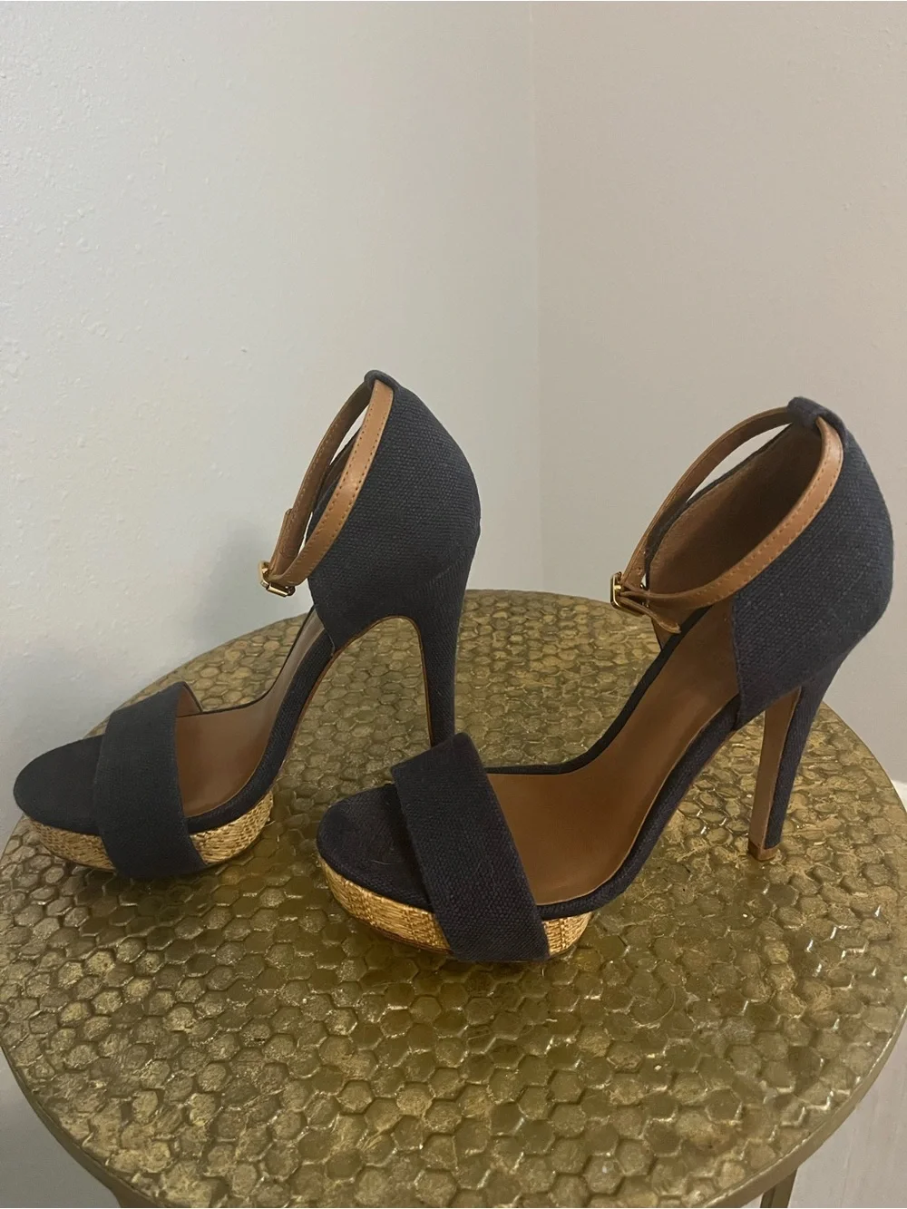 Tory Burch Navy and Tan Platform Ankle-Strap Heels 7 summer open toe